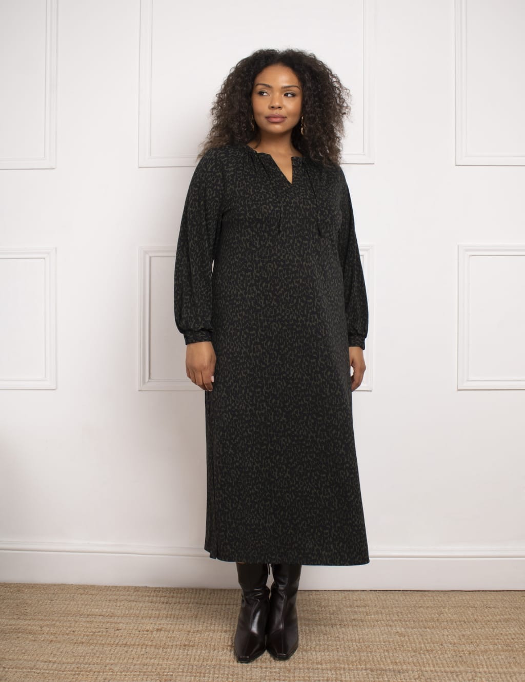 Printed V Neck Midi Shift Dress
