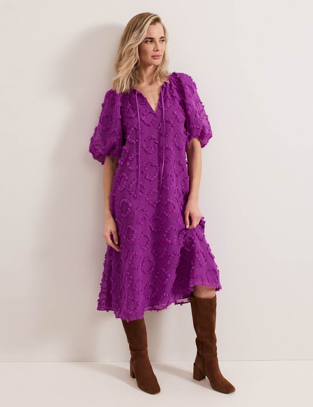 Textured Tie Neck Midi Smock Dress 3 of 8