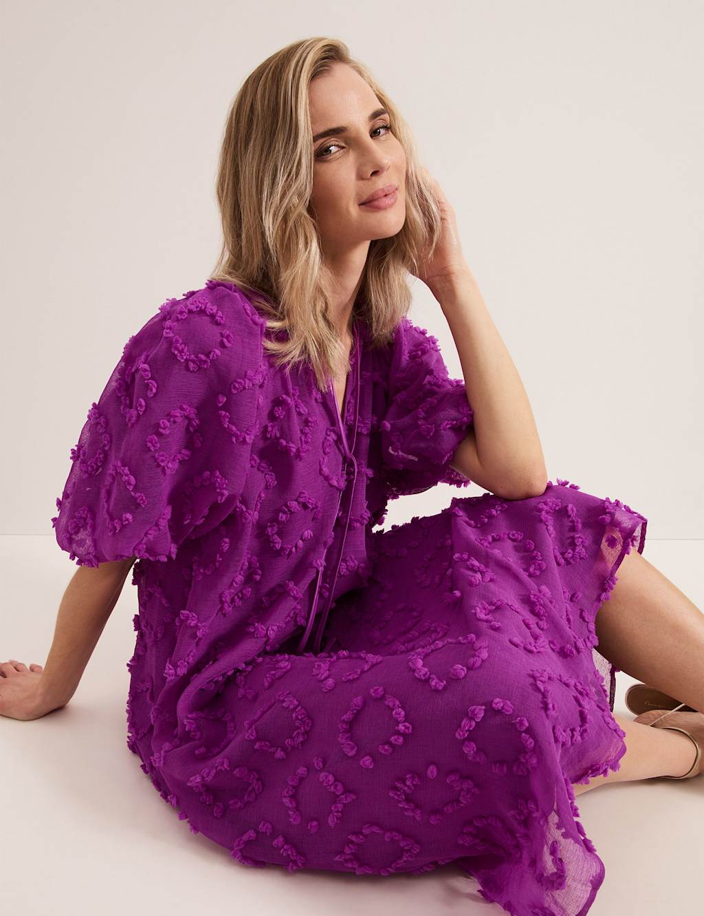 Textured Tie Neck Midi Smock Dress 5 of 8