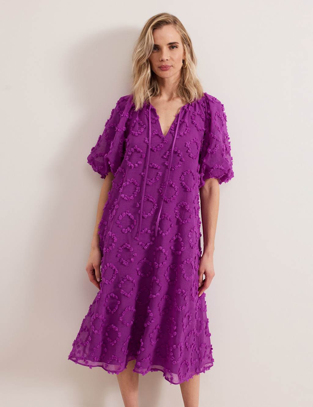 Textured Tie Neck Midi Smock Dress 6 of 8