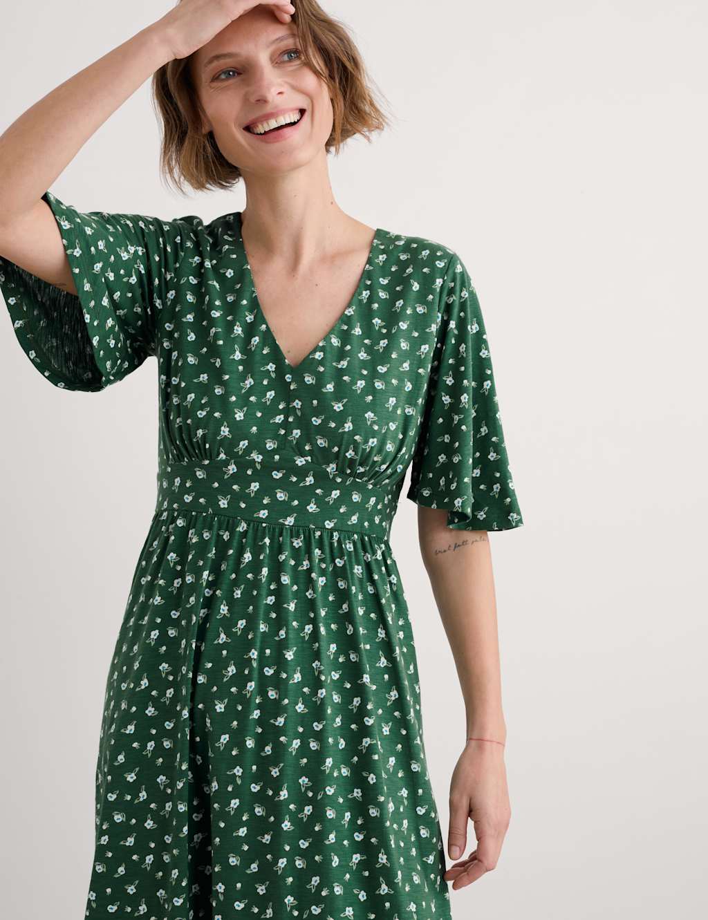 Pure Cotton Floral V-Neck Midi Waisted Dress 4 of 5