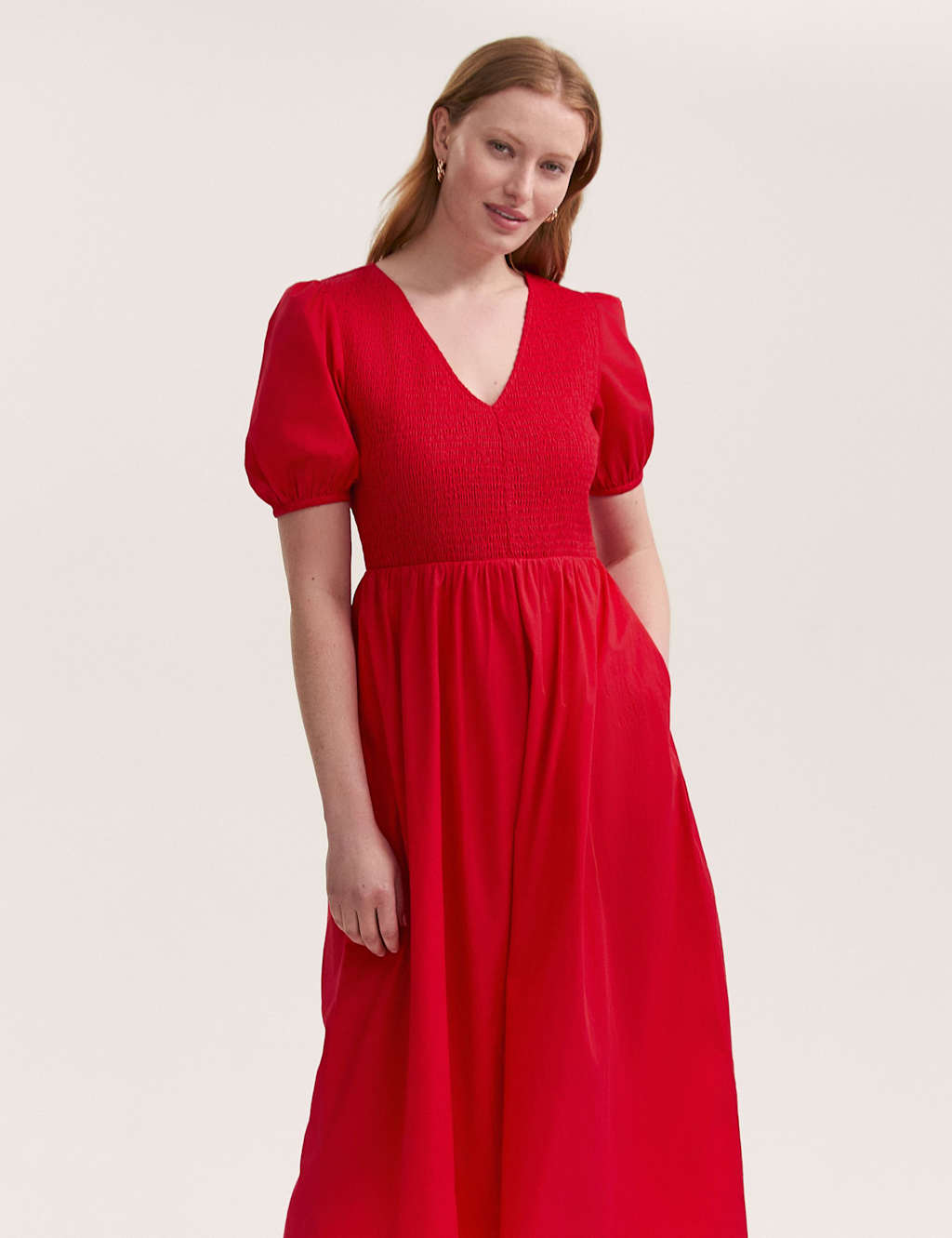 Pure Cotton V-Neck Midi Shirred Dress 4 of 4