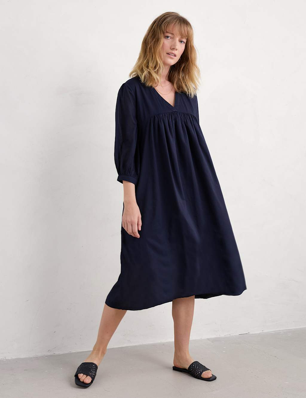 Pure Cotton V-Neck Empire Line Midi Waisted Dress 4 of 5