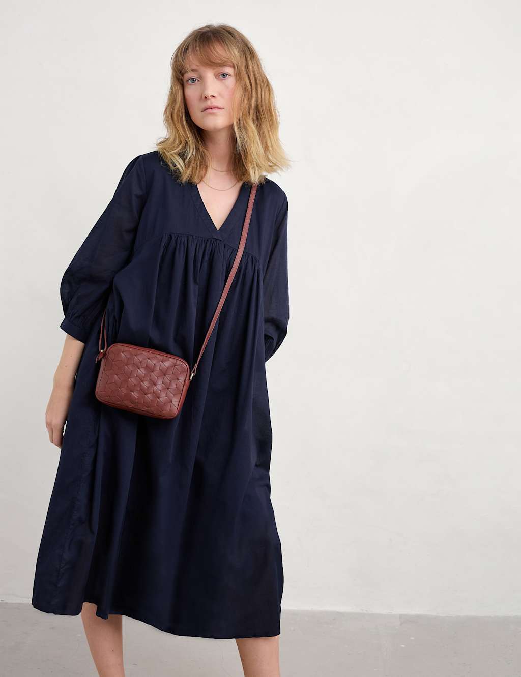 Pure Cotton V-Neck Empire Line Midi Waisted Dress 5 of 5
