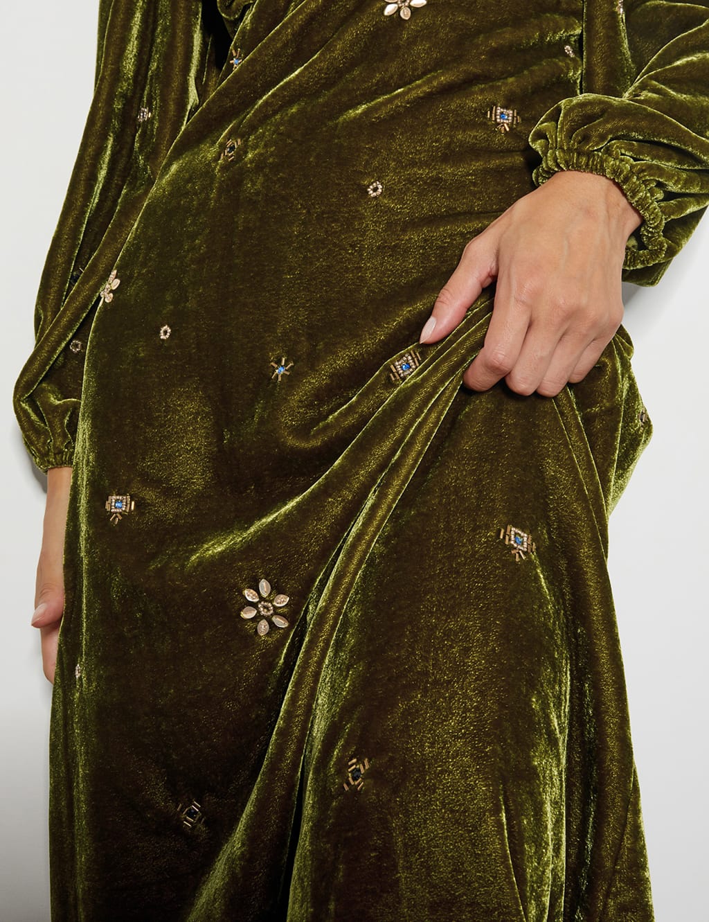 Velvet Embellished V Neck Midi Tea Dress