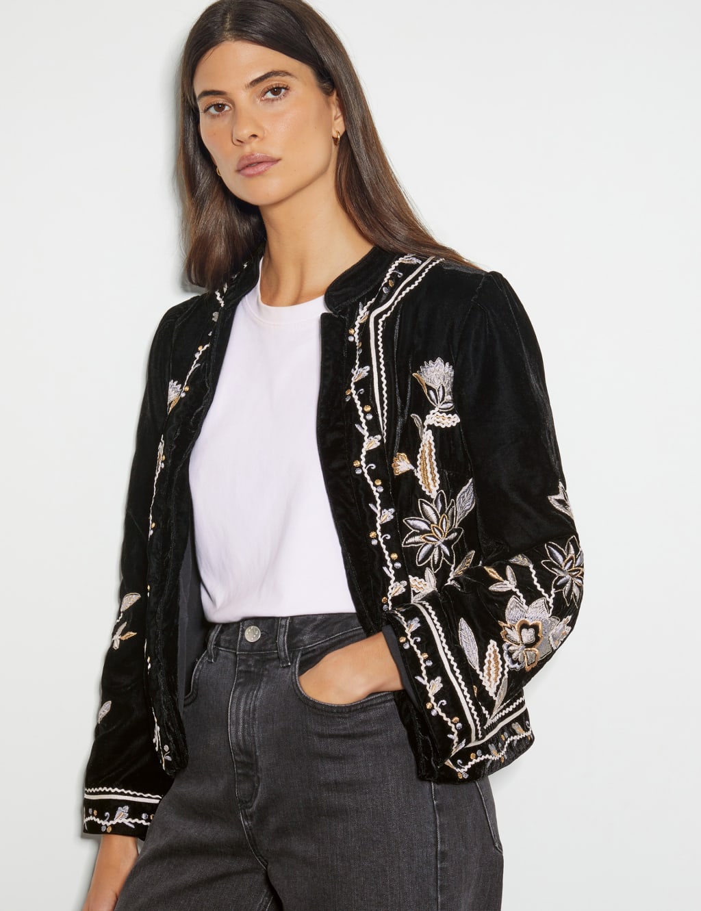 Velvet Embroidered Collarless Jacket Monsoon M S