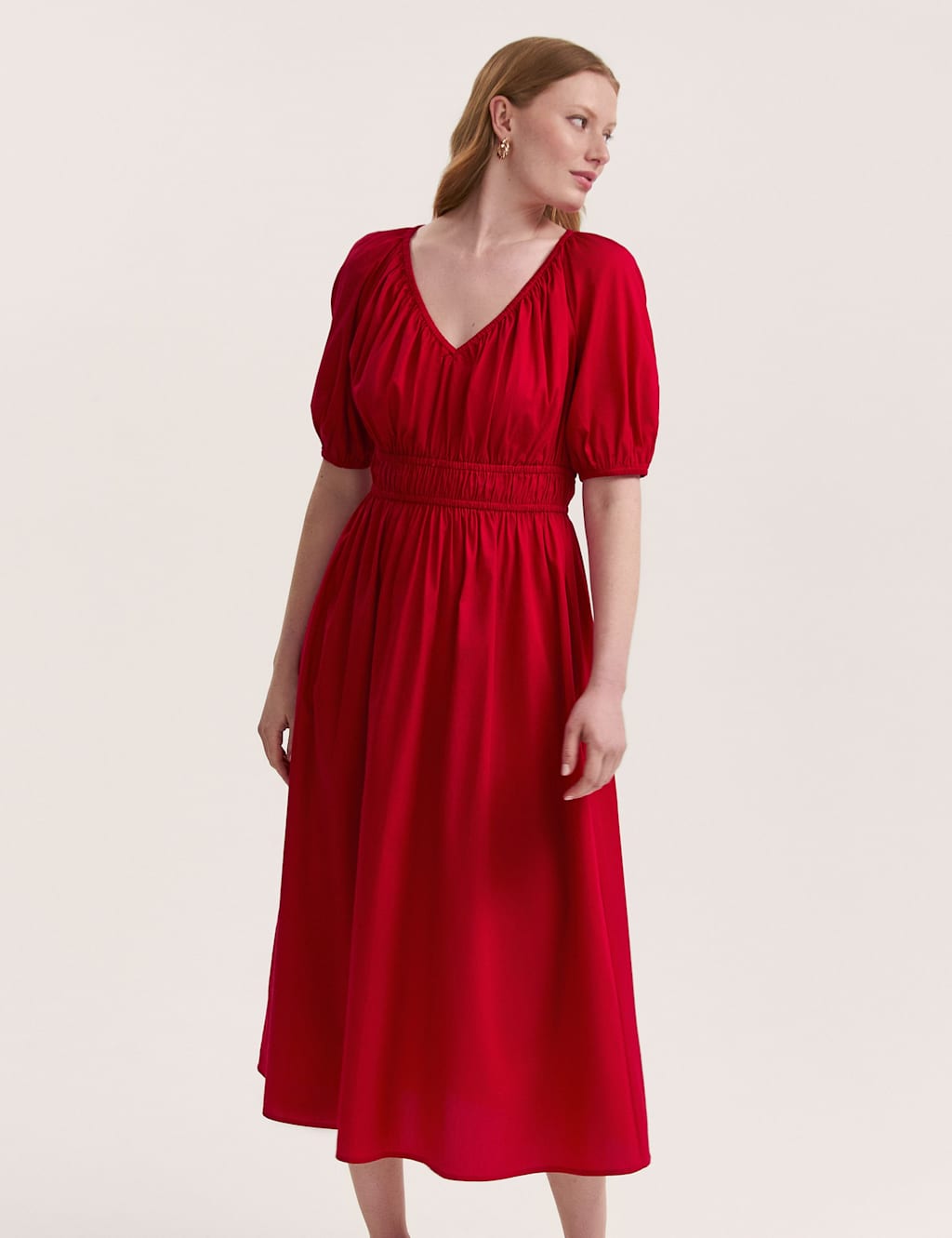 Pure Cotton V-Neck Midi Waisted Dress 3 of 5