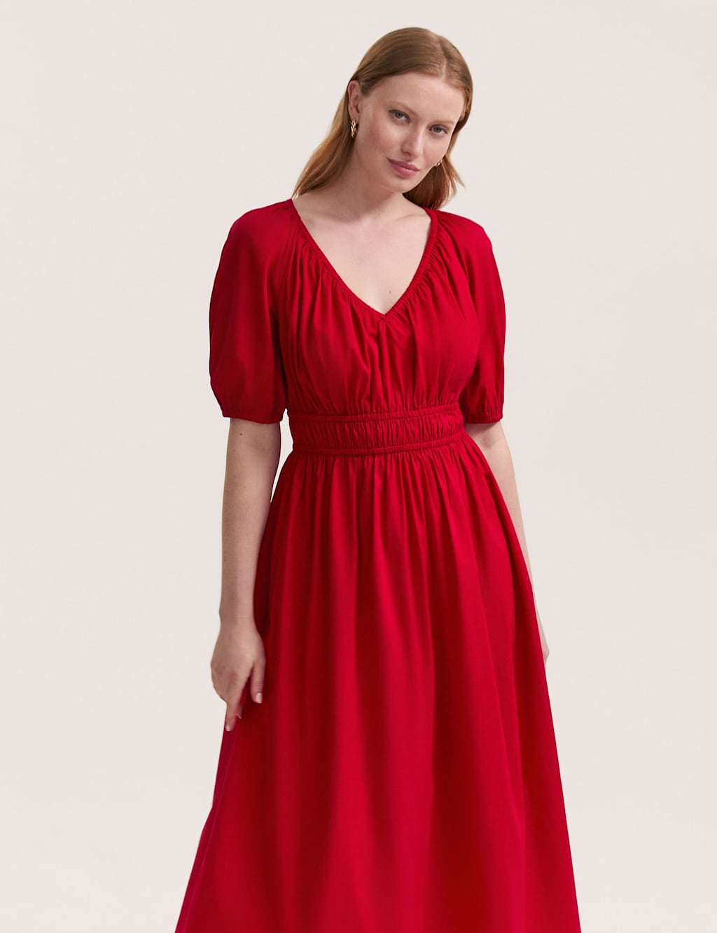 Pure Cotton V-Neck Midi Waisted Dress 4 of 5