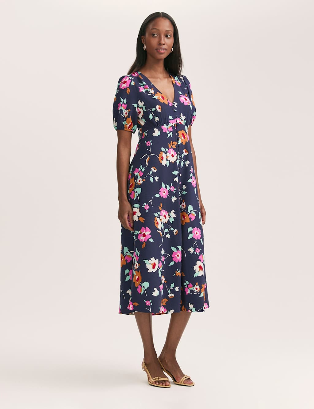 Crepe V-Neck Button Through Midi Tea Dress 1 of 4