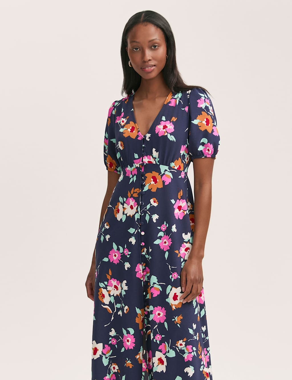Crepe V-Neck Button Through Midi Tea Dress 3 of 4