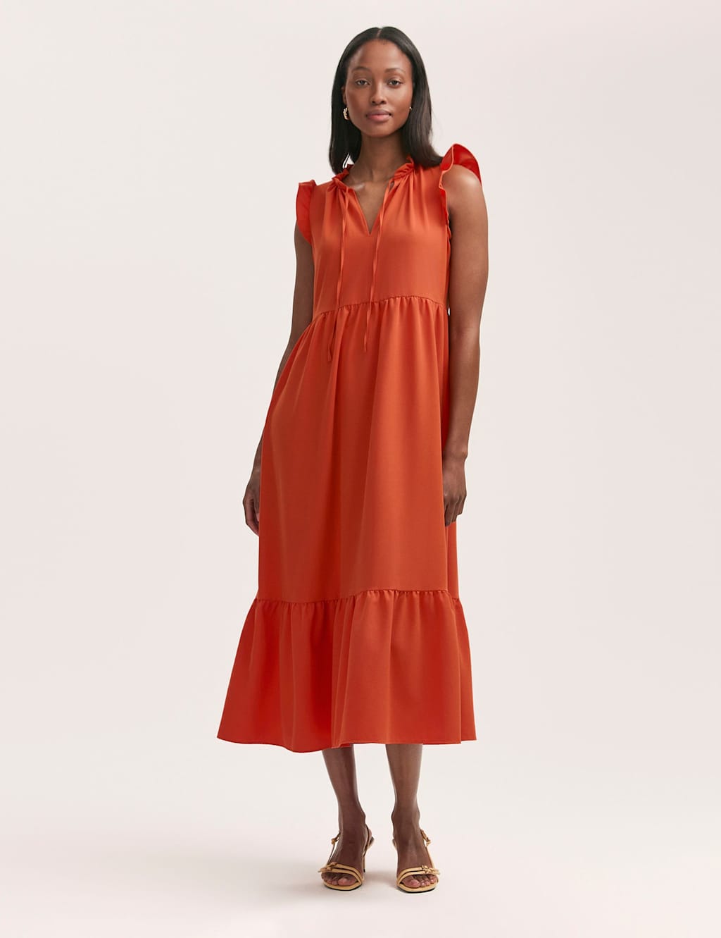 Tie Neck Long Sleeve Midi Tiered Dress