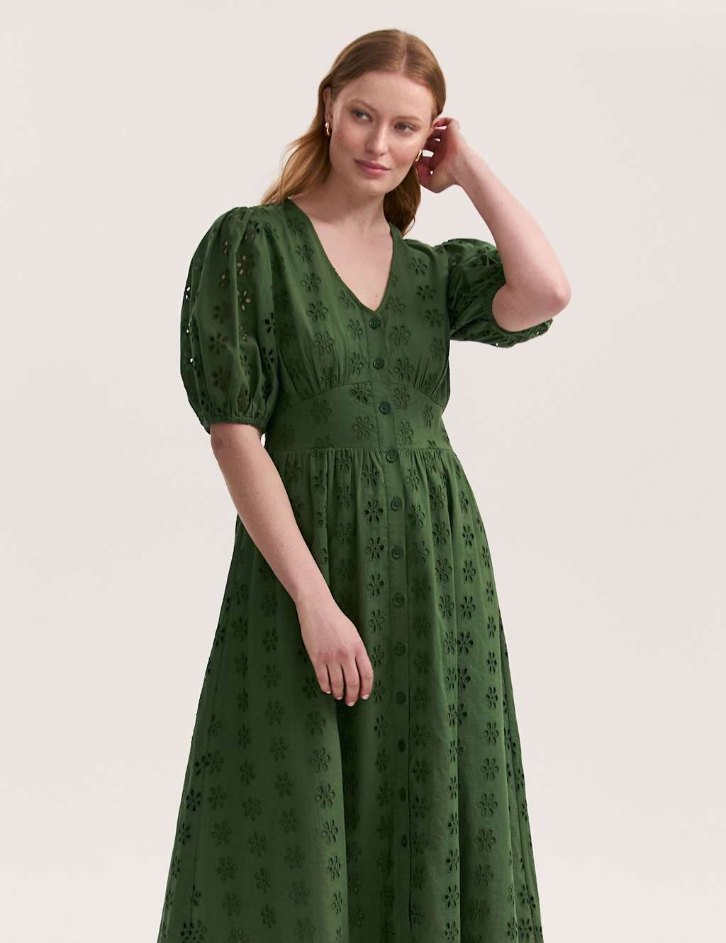 Pure Cotton Broderie V-Neck Midi Dress 3 of 4