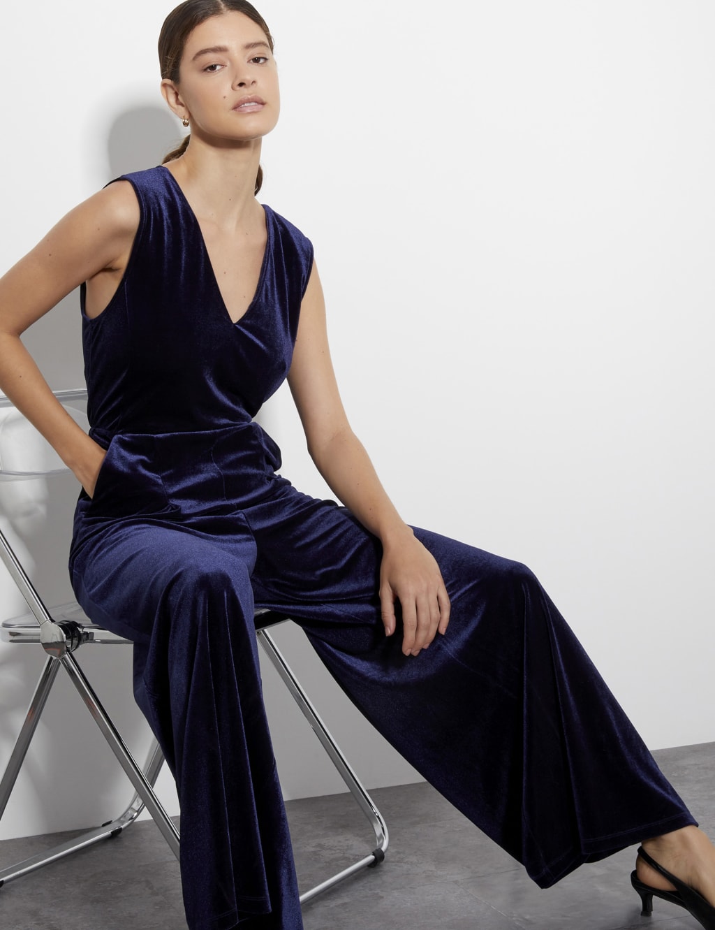 Velvet Belted Sleeveless Wide Leg Jumpsuit