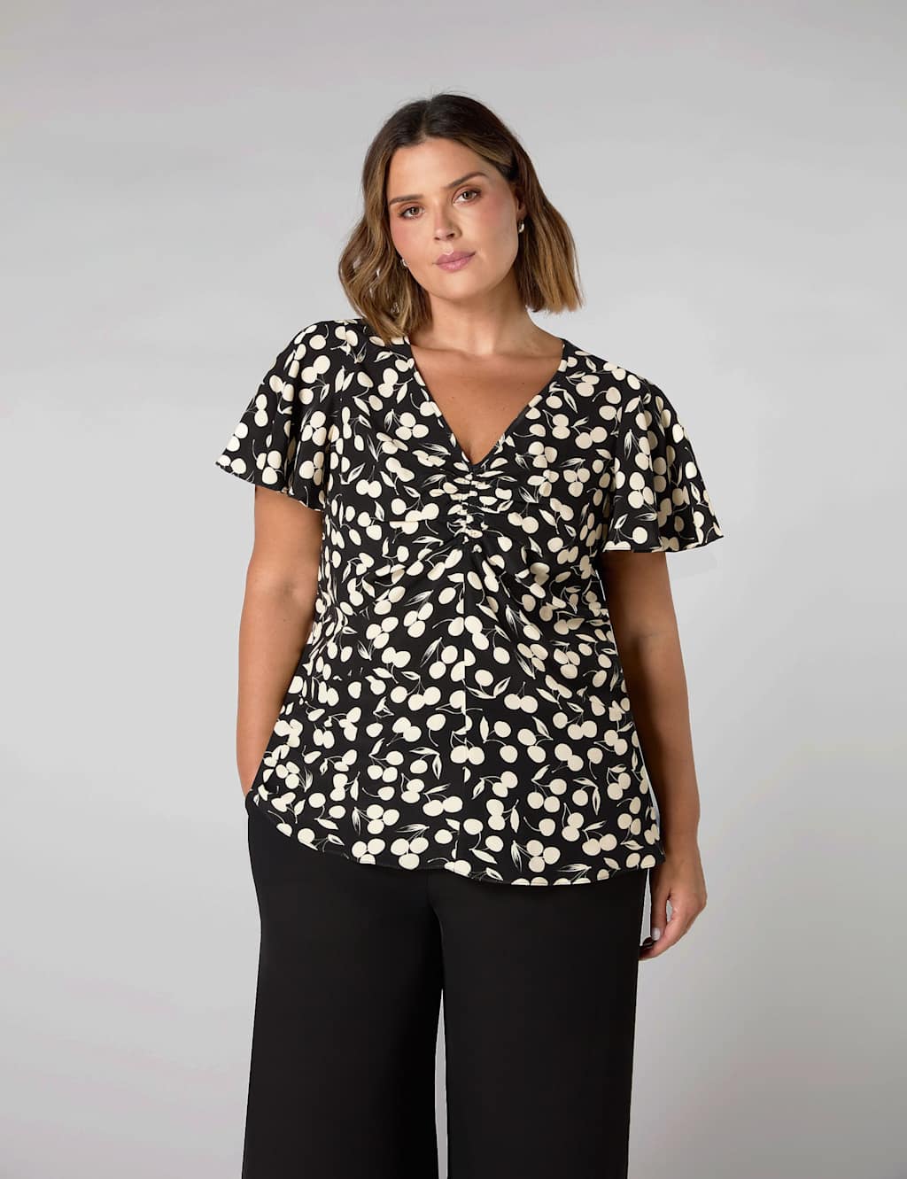 Cherry Print Ruched Flutter Sleeve Top 4 of 4