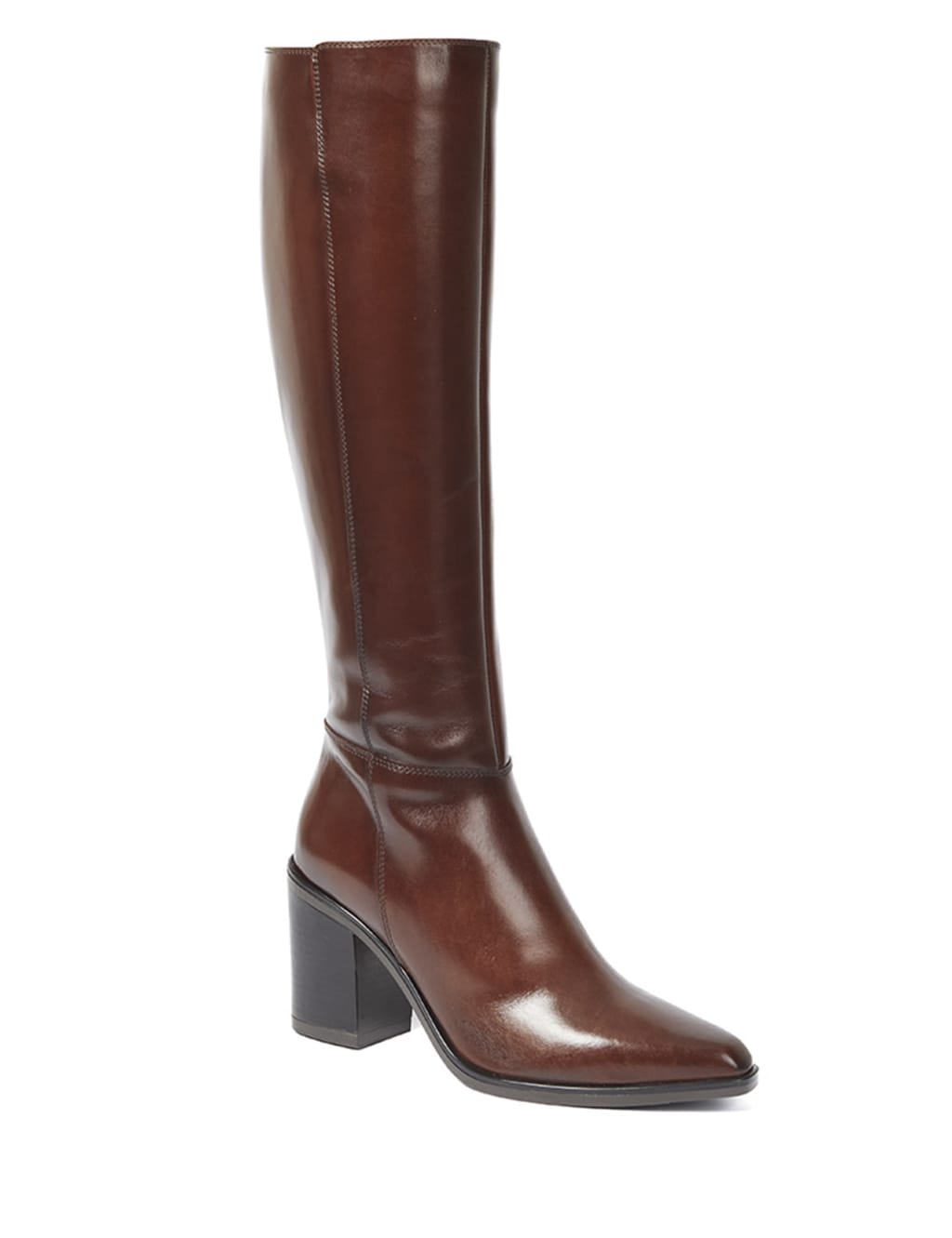 Leather Block Heel Pointed Knee High Boots