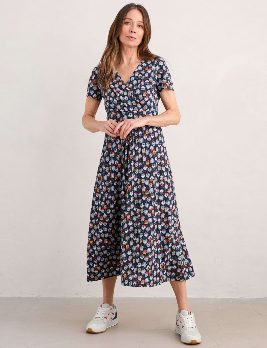 Pure Cotton Floral V Neck Midi Waisted Dress