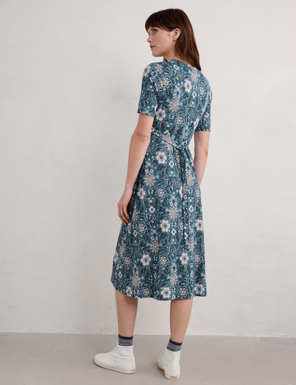 Cotton Blend Floral V-Neck Midi Waisted Dress 4 of 5