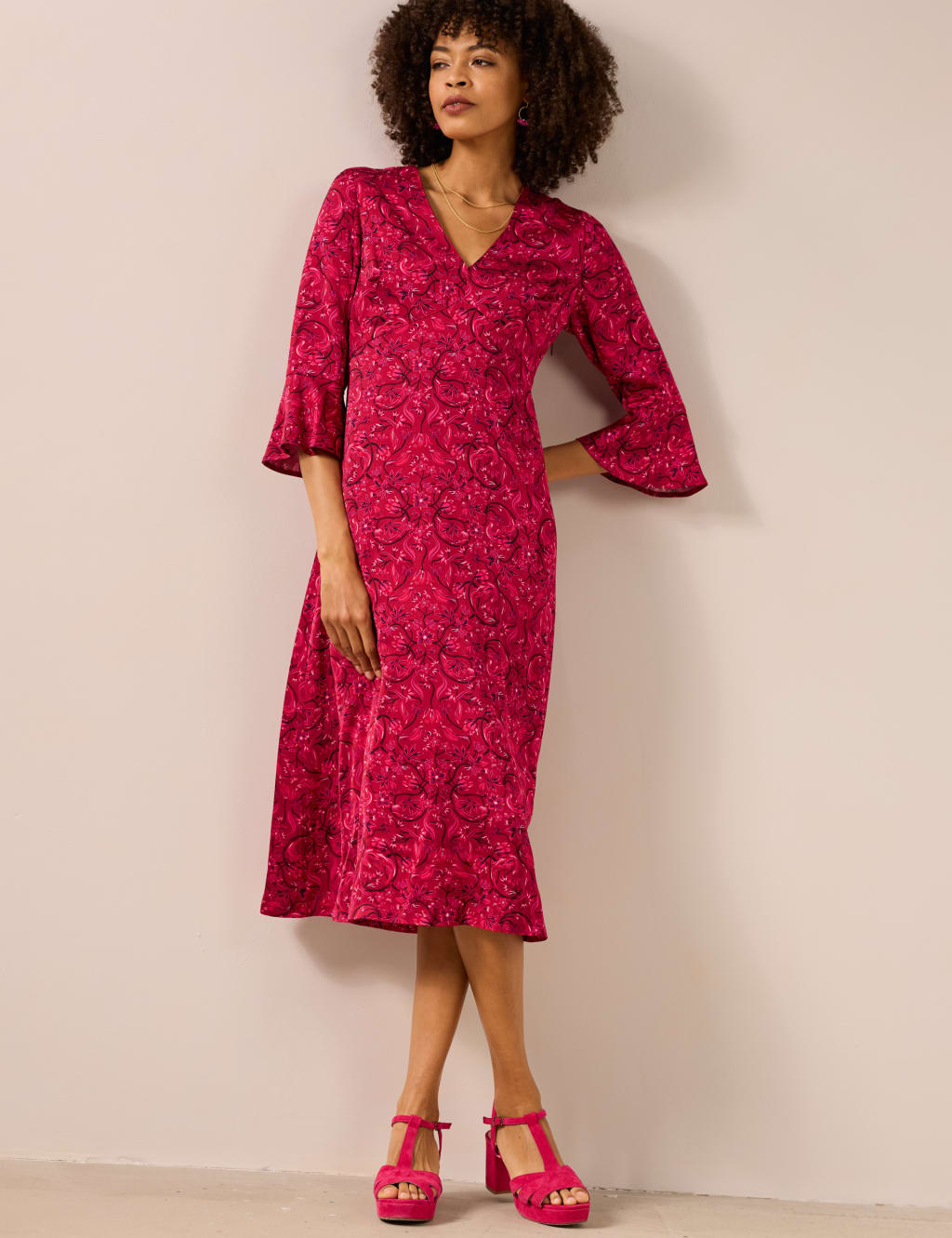 Floral V-Neck Midi Waisted Dress 5 of 6