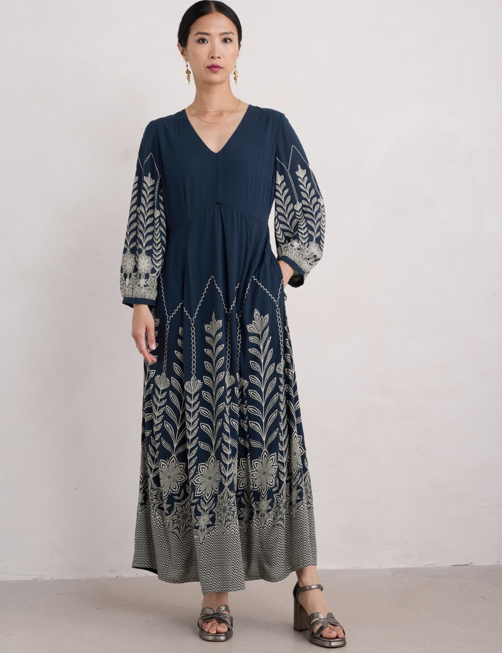 Printed V Neck Maxi Waisted Dress