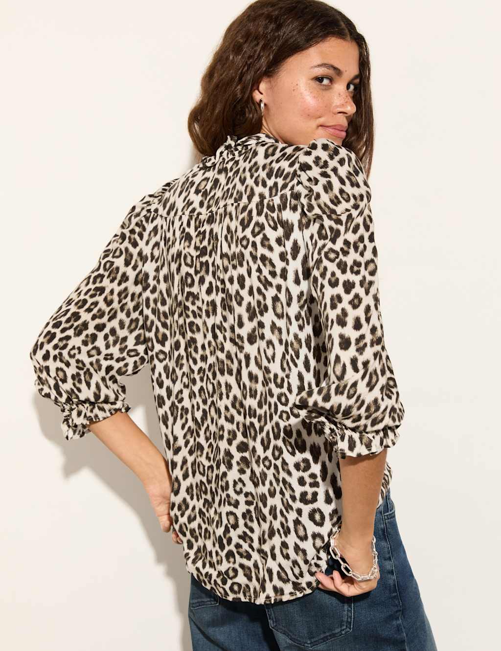 Animal Print Frill Neck Blouson Sleeve Blouse 2 of 6