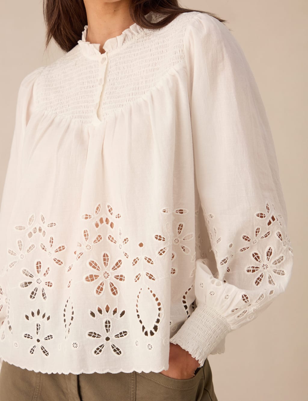 Embroidered Frill Neck Blouse-White, Multi Floral Embroidery