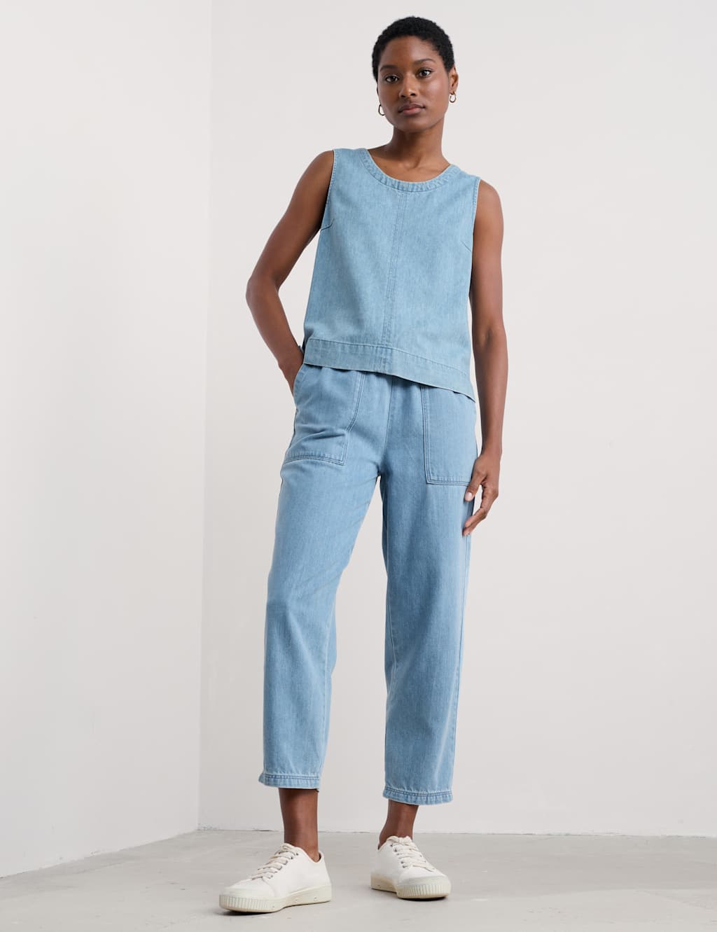 Modal Denim Drawstring Ankle Grazer Trousers 1 of 4