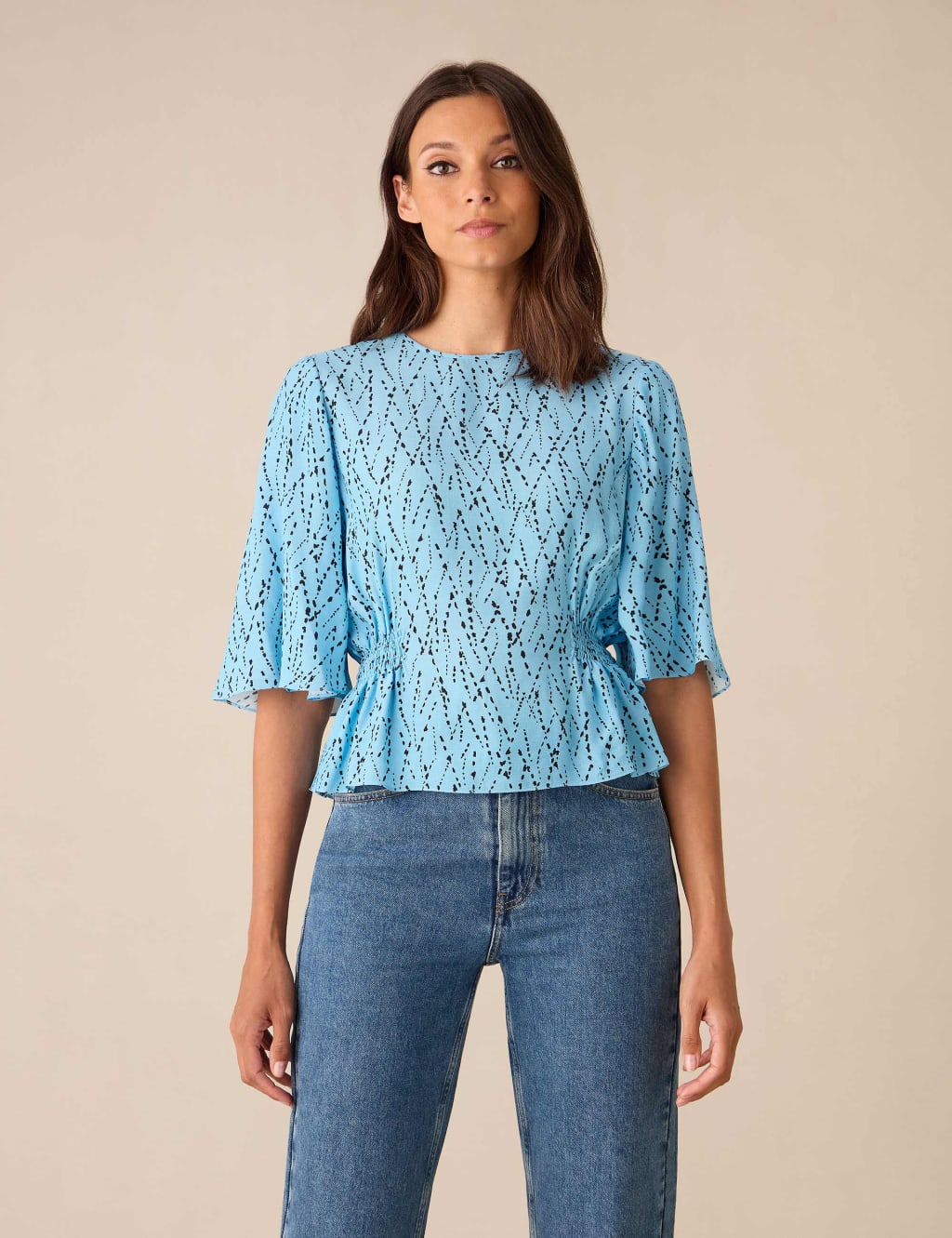 Printed Round Neck Relaxed Angel Sleeve Top 1 of 3