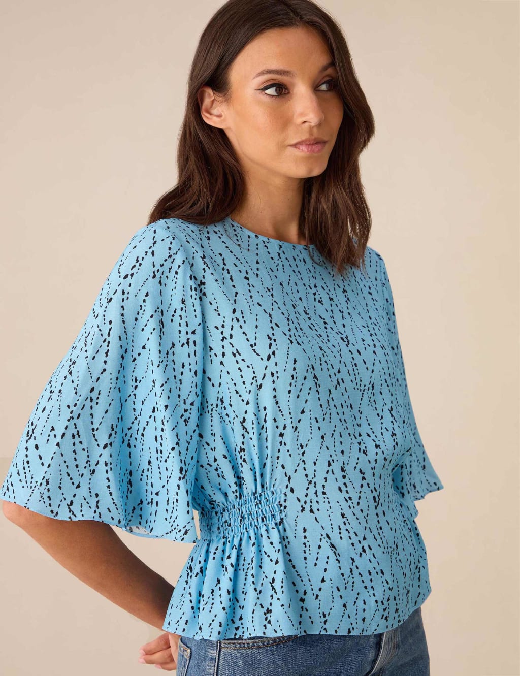 Printed Round Neck Relaxed Angel Sleeve Top 2 of 3