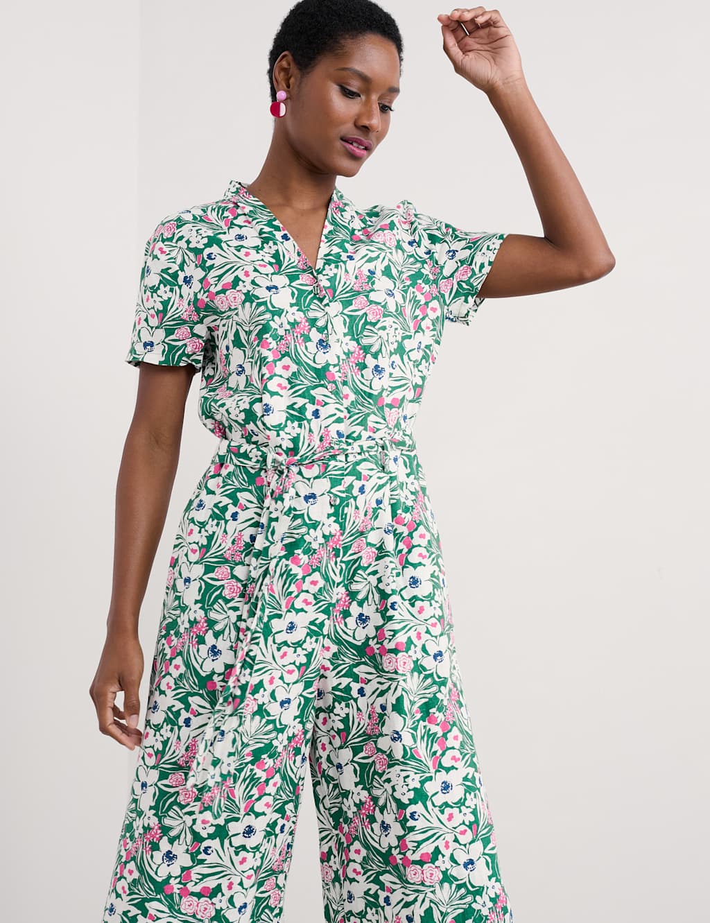 Pure Linen Floral Cropped Jumpsuit 3 of 4