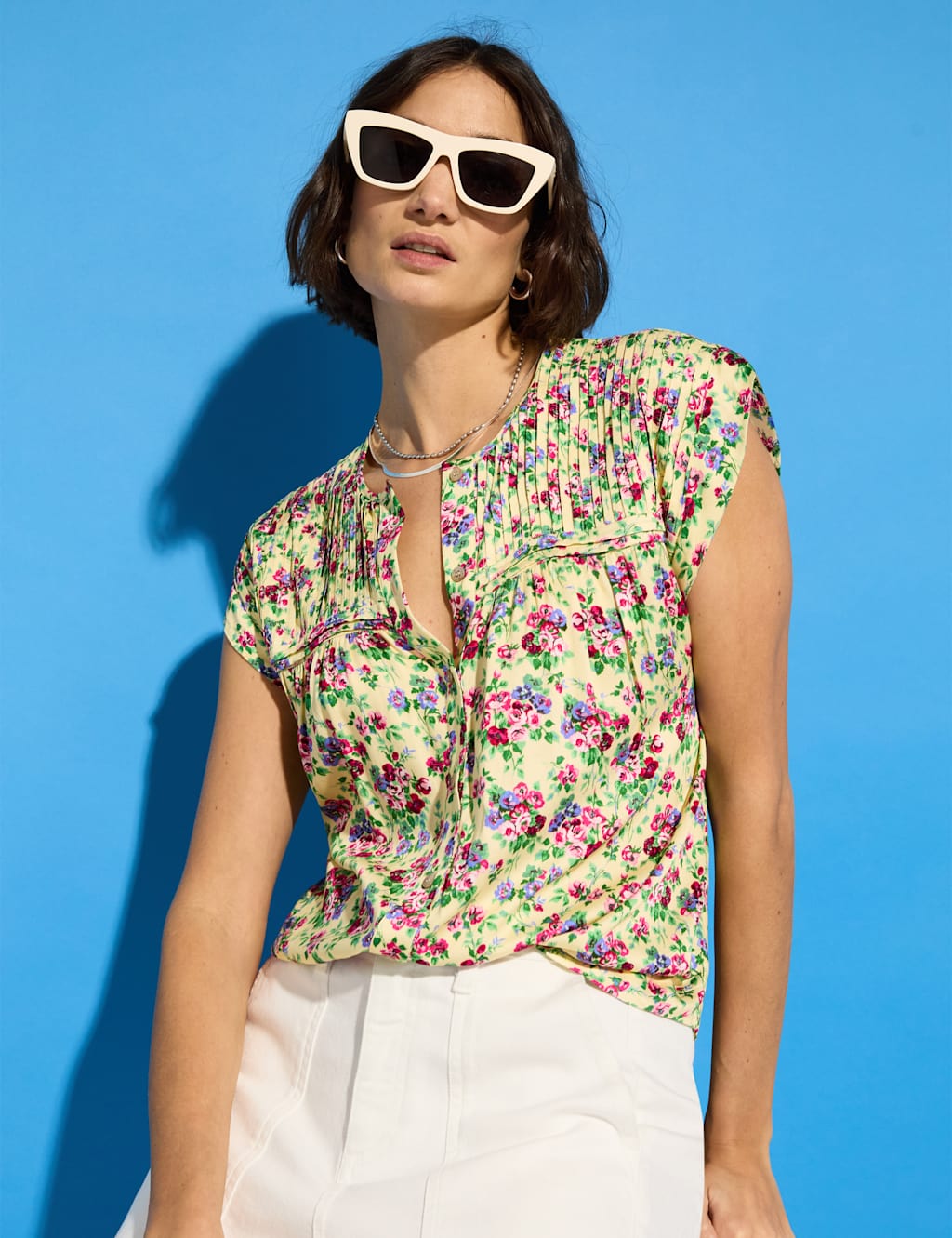 Satin Floral Pintuck Cap Sleeve Blouse 3 of 5