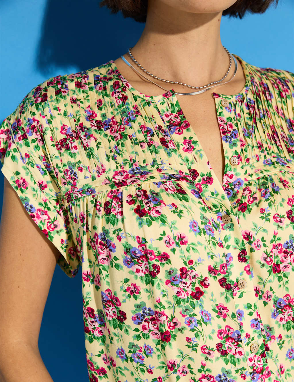 Satin Floral Pintuck Cap Sleeve Blouse 4 of 5