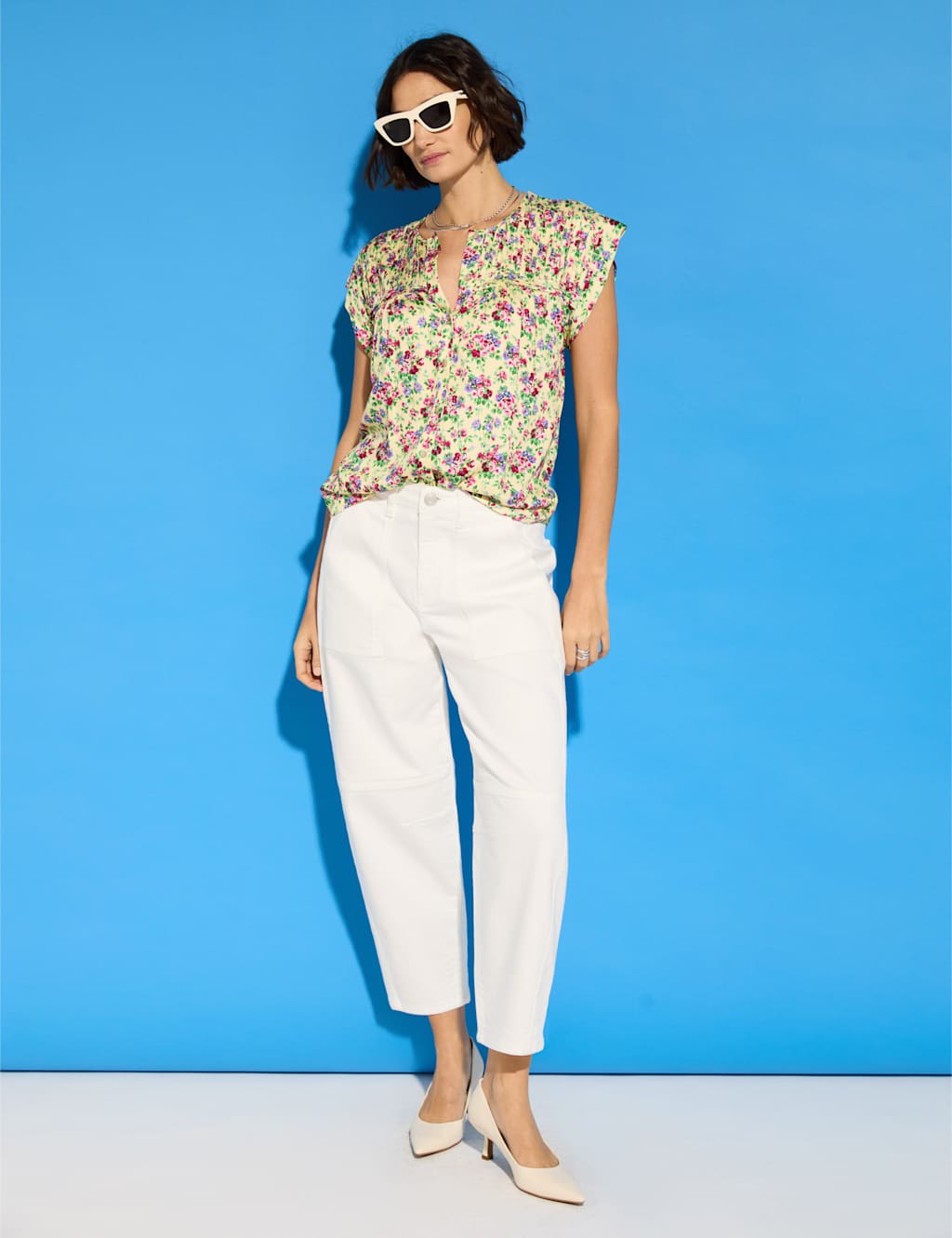 Satin Floral Pintuck Cap Sleeve Blouse 5 of 5