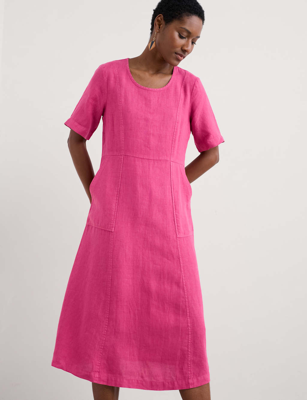 Pure Linen Scoop Neck Midi Waisted Dress 4 of 5