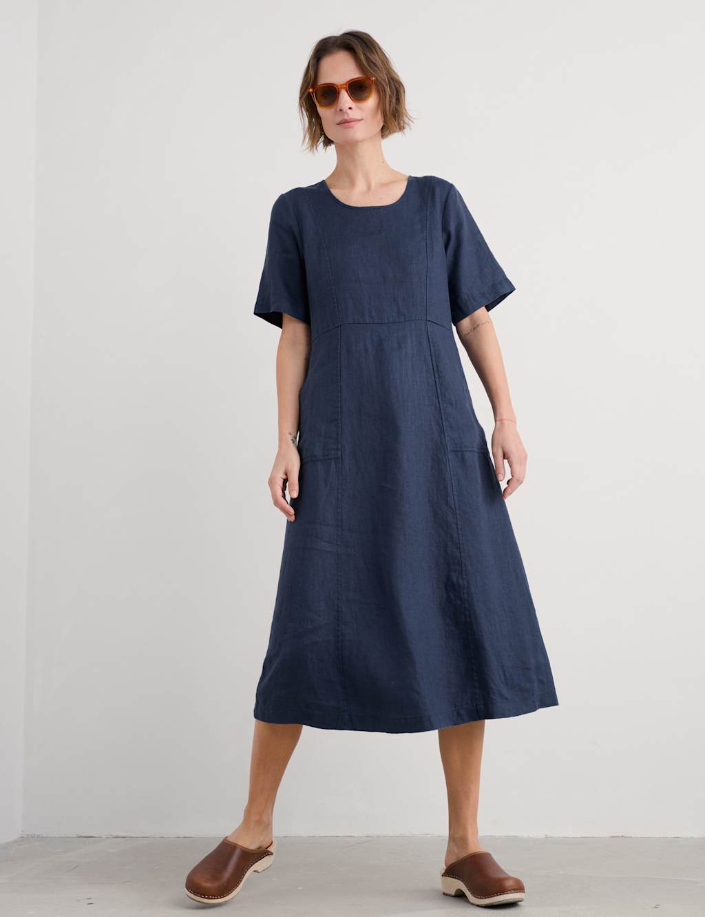 Pure Linen Scoop Neck Midi Waisted Dress 1 of 5