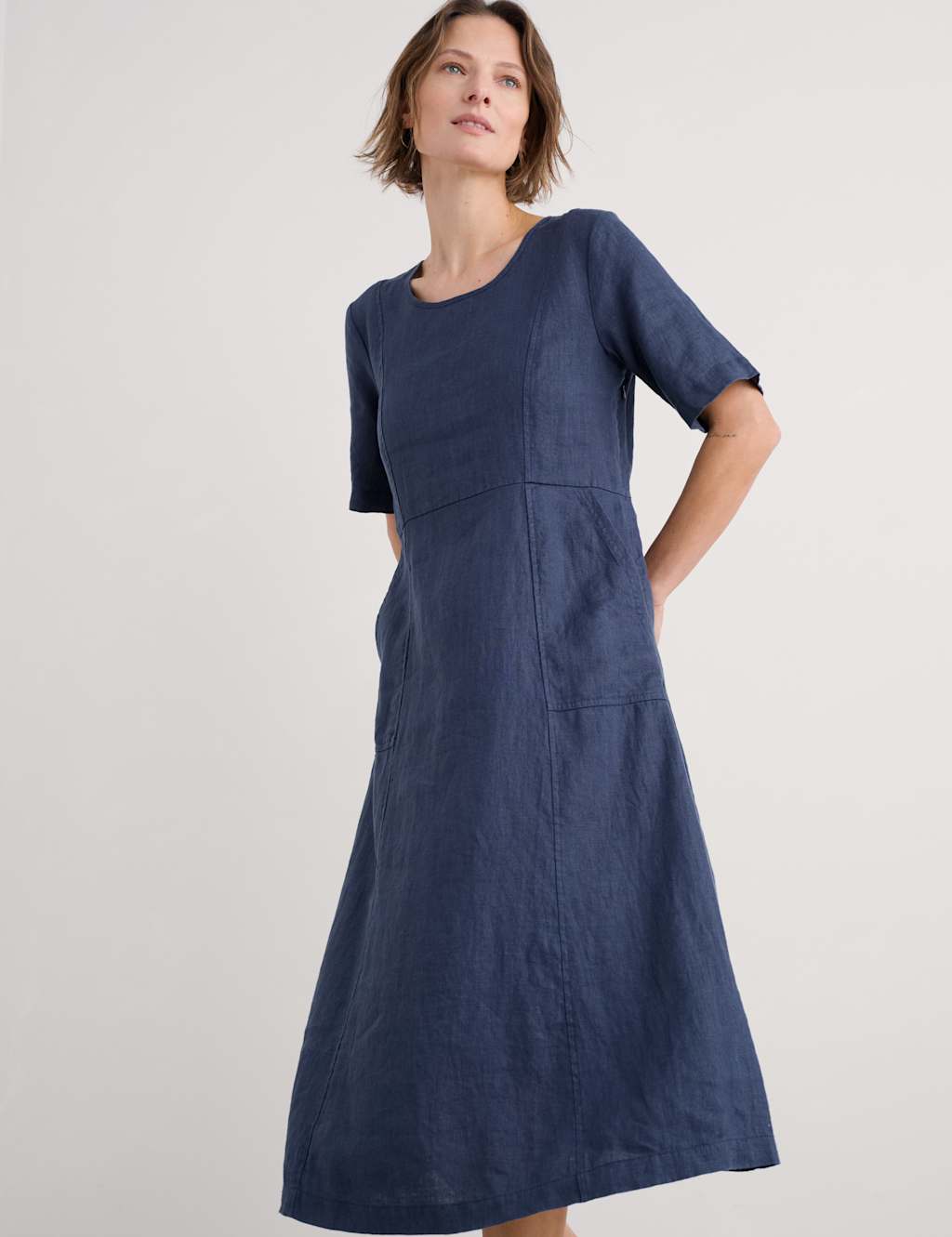 Pure Linen Scoop Neck Midi Waisted Dress 5 of 5
