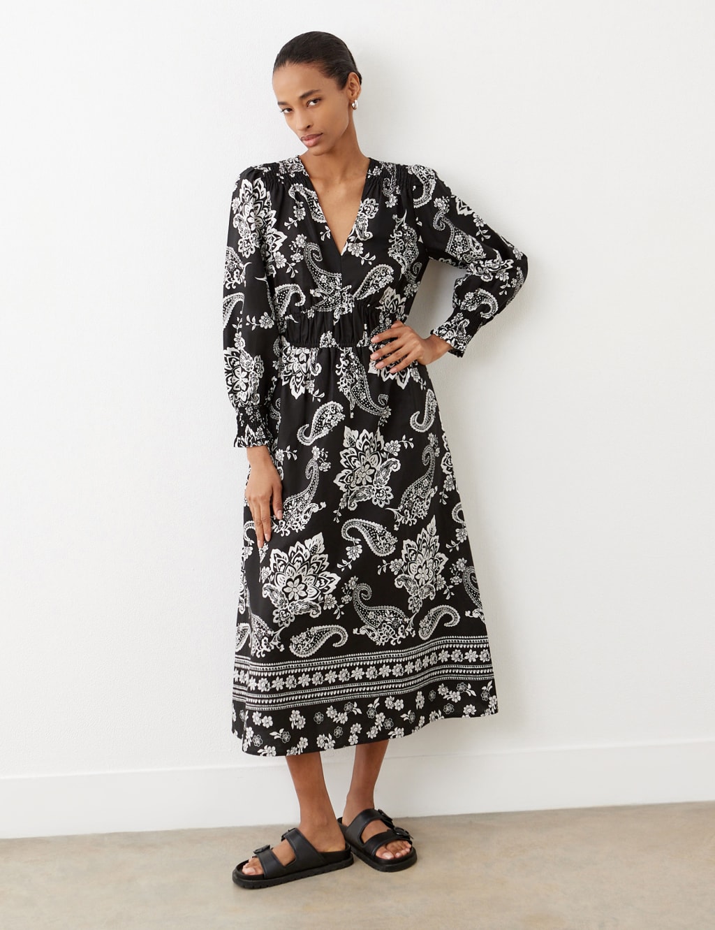Pure Cotton Floral V-Neck Midi Waisted Dress | Finery London | M&S