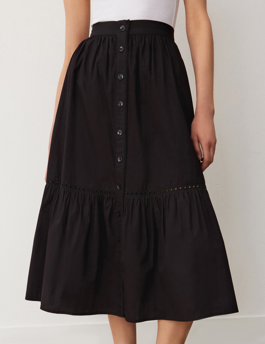 Pure Cotton Button Front Midi Tiered Skirt