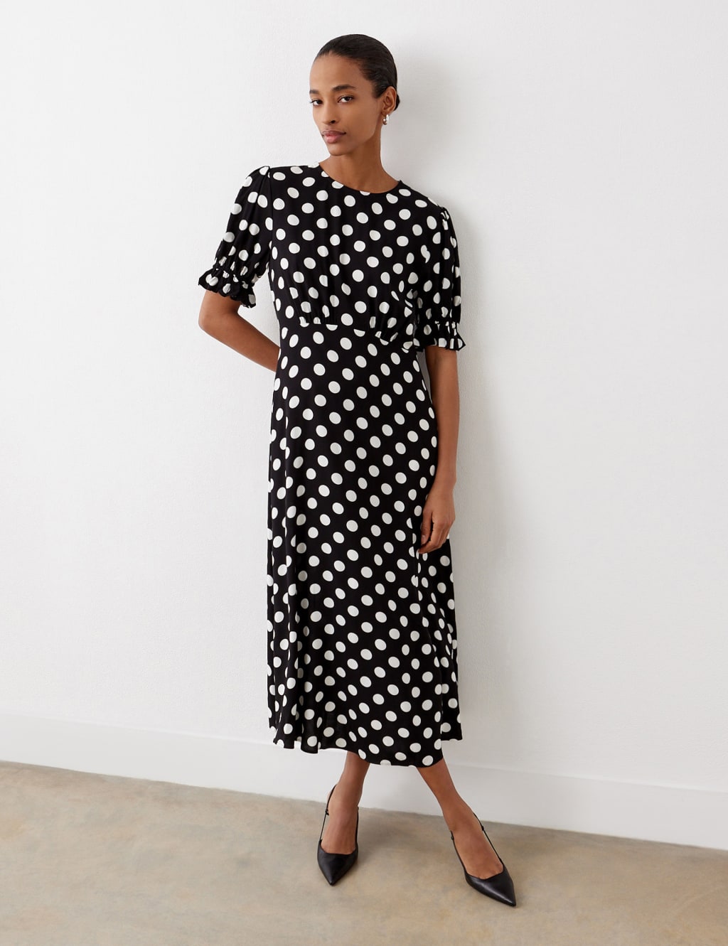 Polka Dot Puff Sleeve Midi Waisted Dress Finery London M S