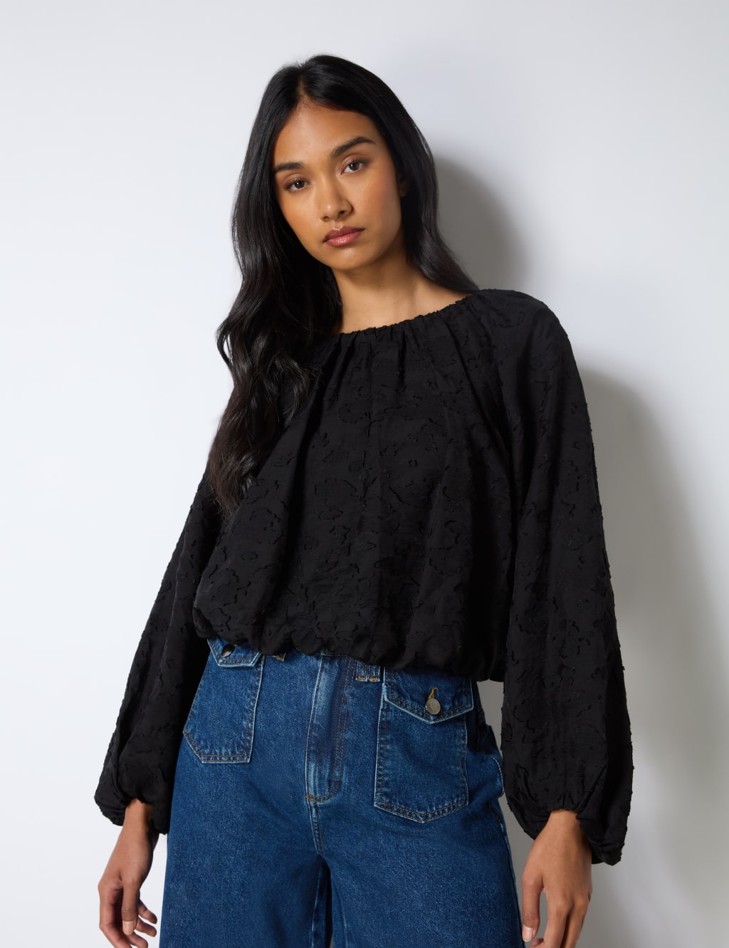 Jacquard Relaxed Blouson Sleeve Blouse RO ZO M S