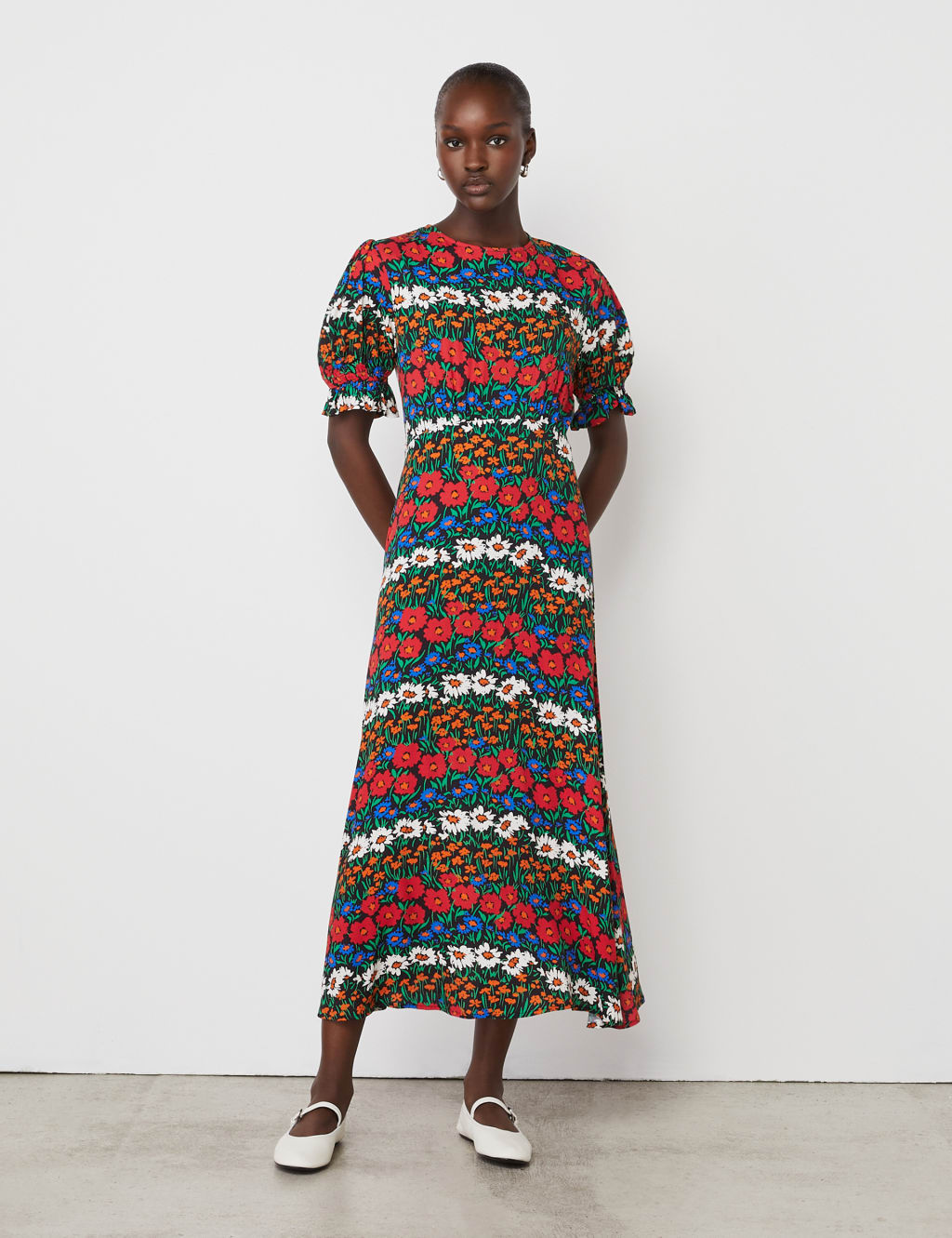 Crepe Floral Midi Tea Dress