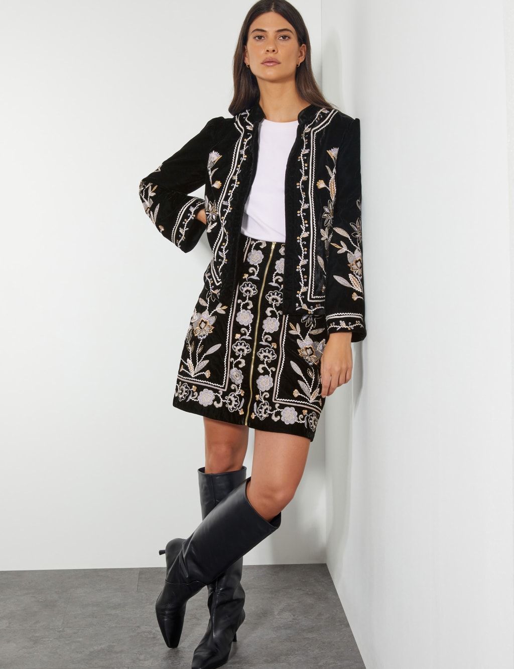 Velvet Embroidered Mini Skater Skirt