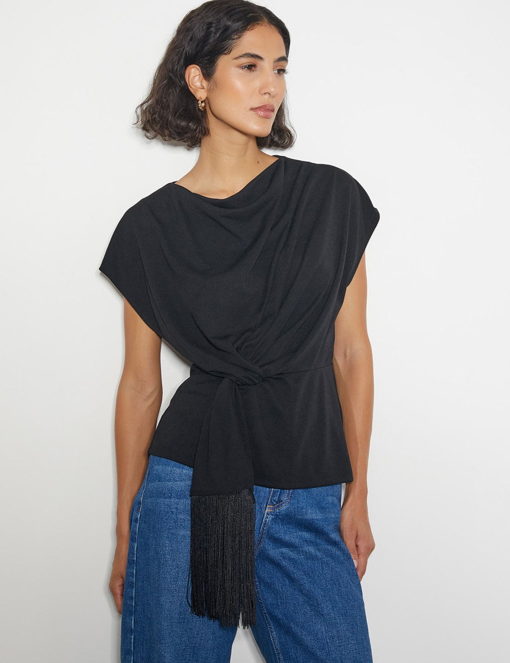 Jersey Cowl Neck Tassel Top 1 of 4