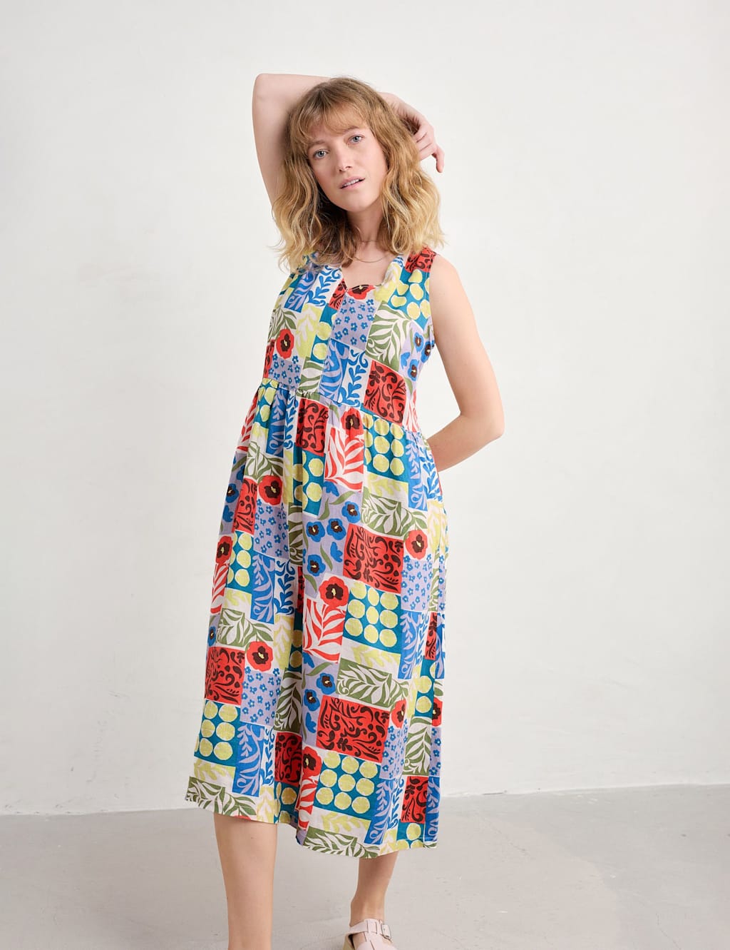 Pure Linen Floral V-Neck Midi Waisted Dress 3 of 5
