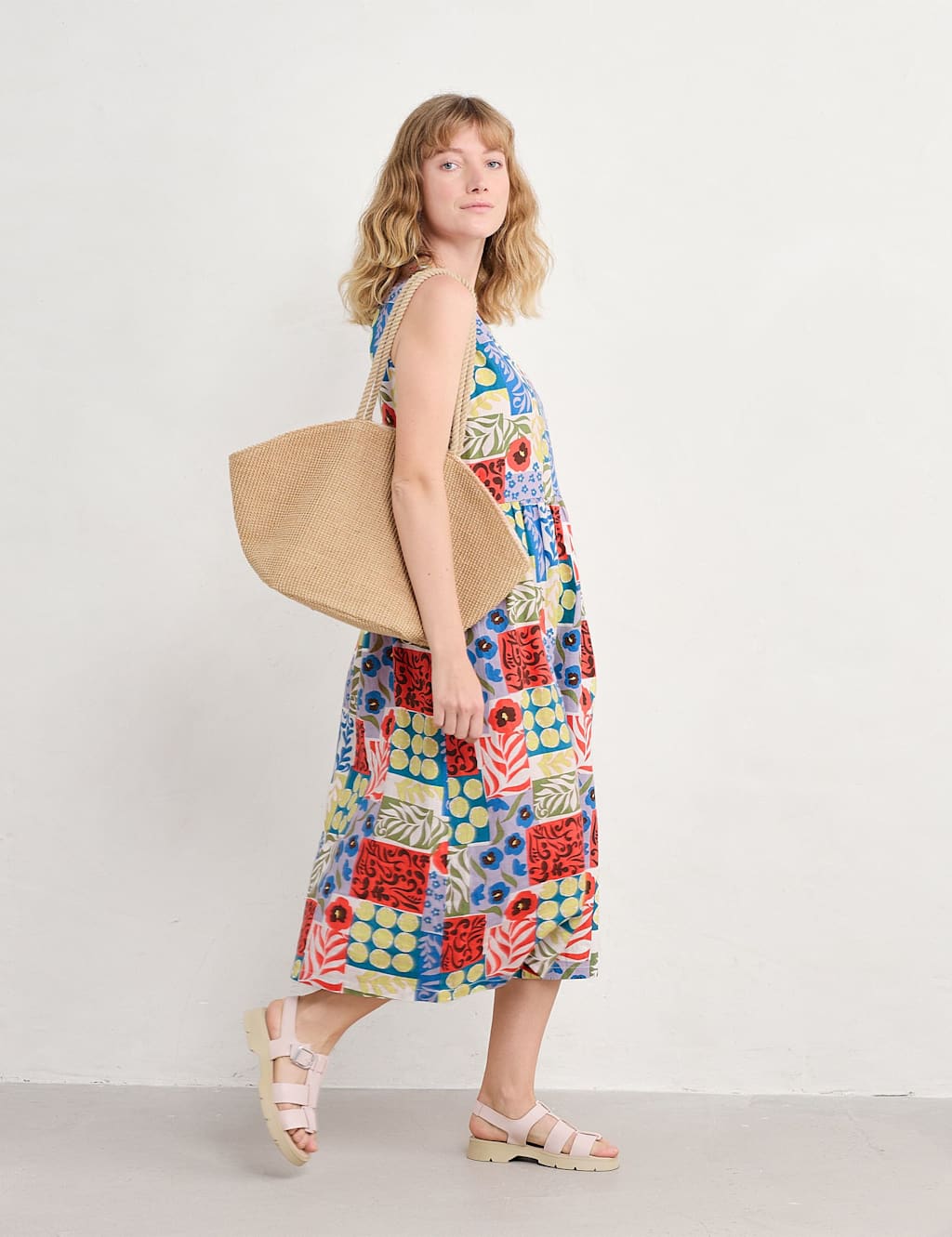 Pure Linen Floral V-Neck Midi Waisted Dress 4 of 5