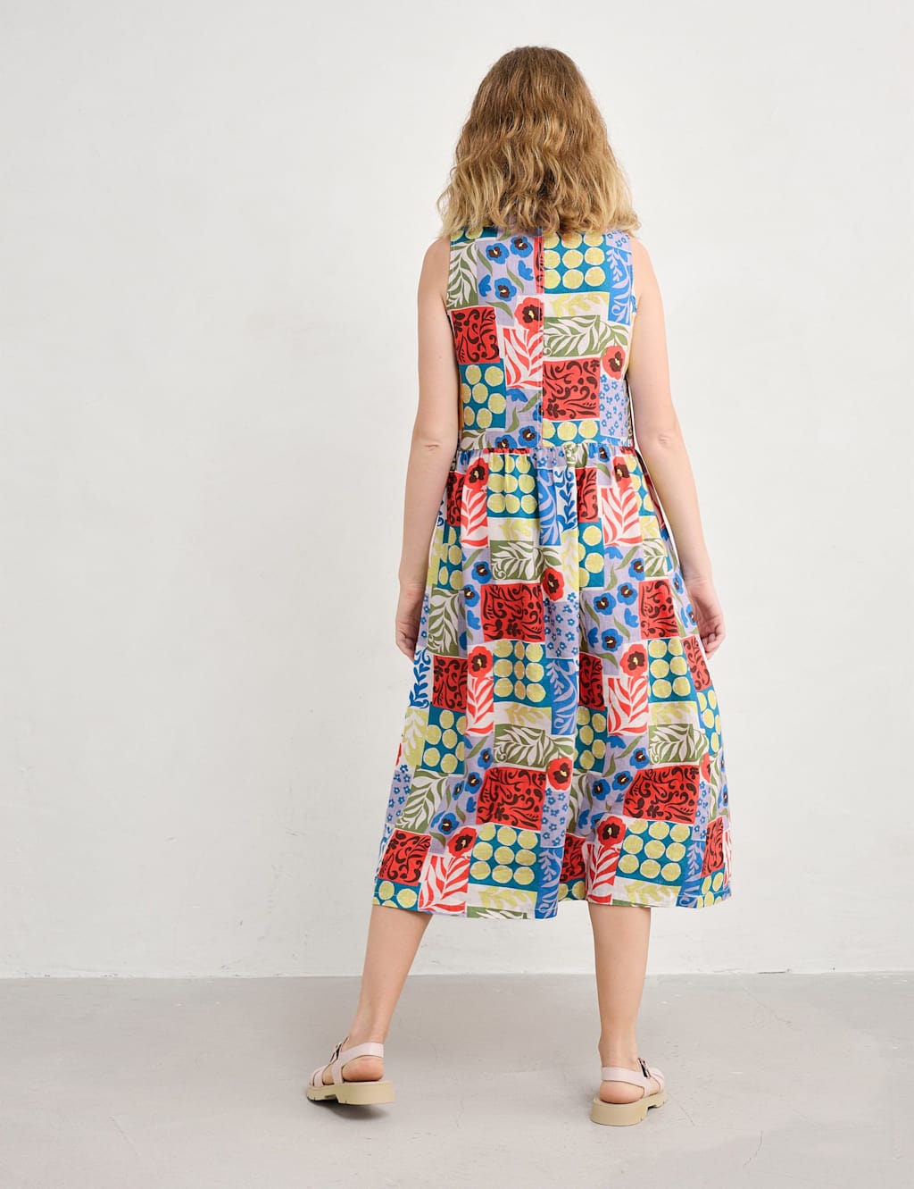 Pure Linen Floral V-Neck Midi Waisted Dress 5 of 5