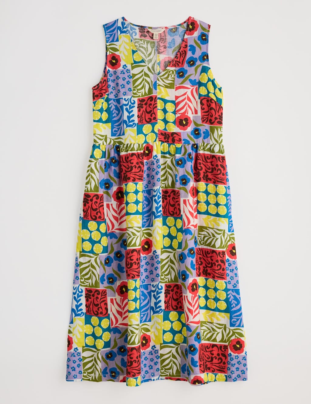 Pure Linen Floral V-Neck Midi Waisted Dress 2 of 5