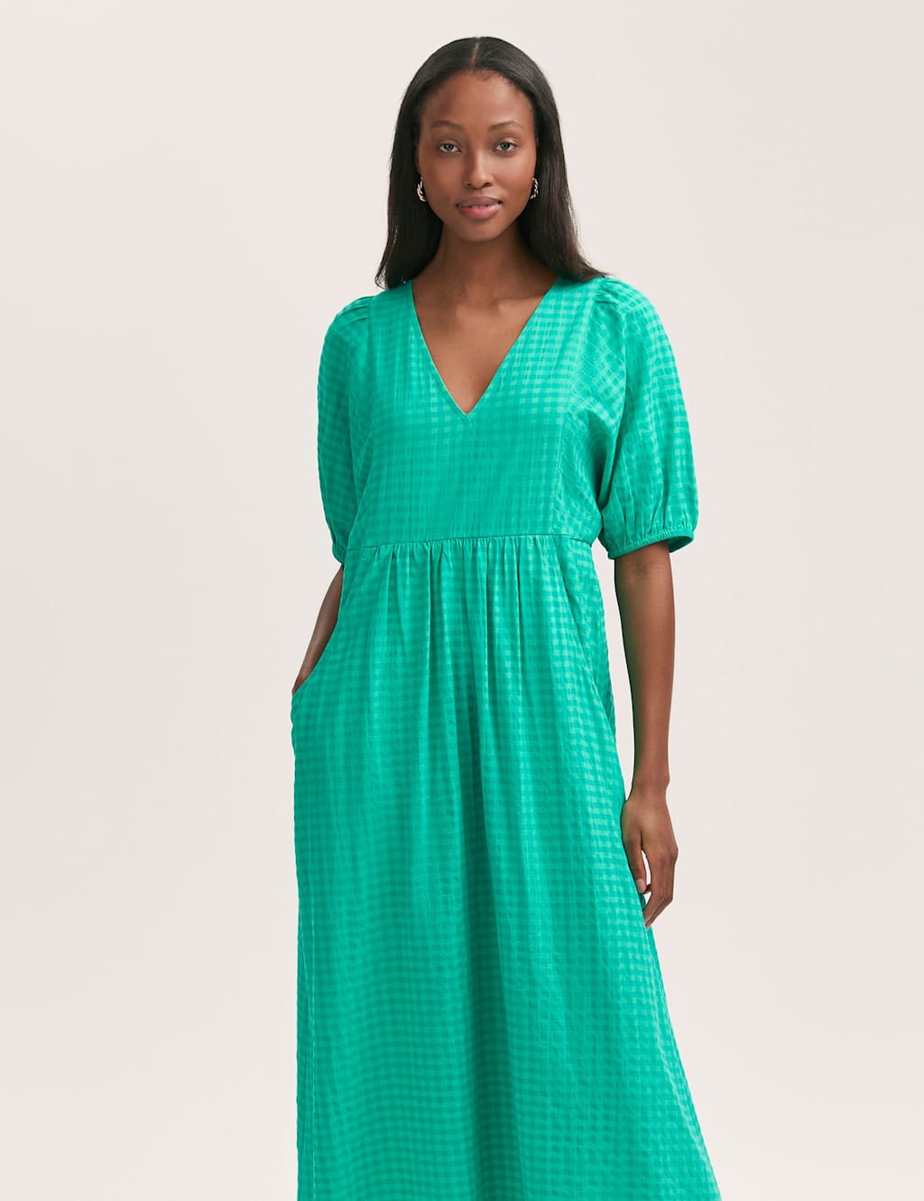Cotton Blend Gingham V-Neck Midi Smock Dress 3 of 4