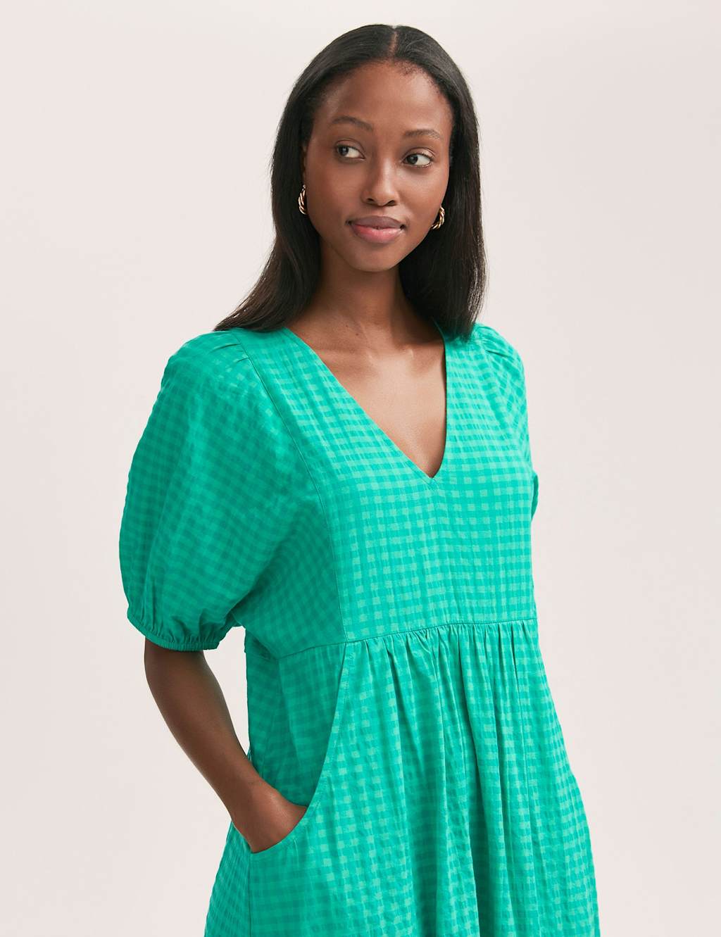 Cotton Blend Gingham V-Neck Midi Smock Dress 4 of 4
