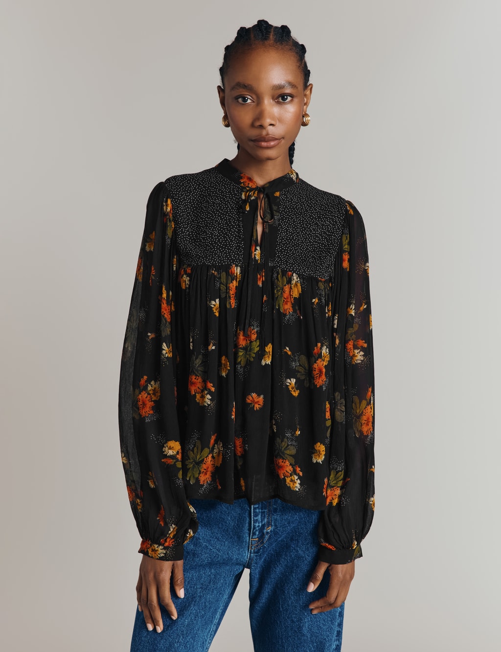 Sheer Tie Neck Floral Blouse
