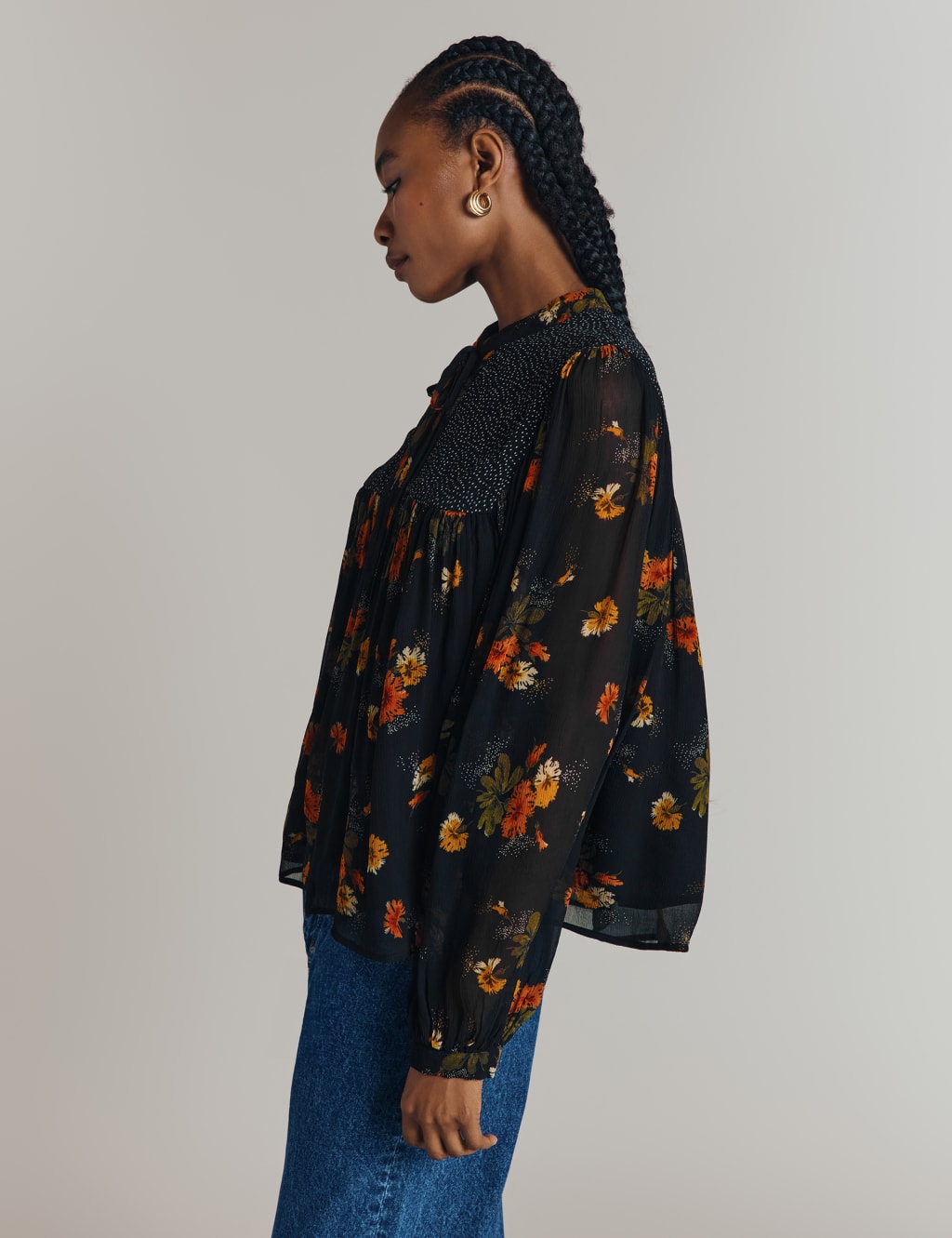 Sheer Tie Neck Floral Blouse